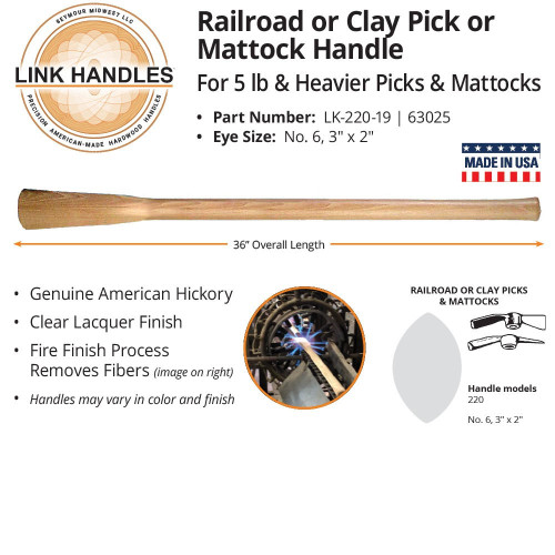  Link Handles 63025, 36" Wood Pick/Mattock Handle, Better-Quality American Hickory, Clear Lacquer, Fire Finish, Contractor Grade (min qty 12 each) 