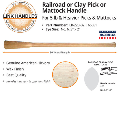  Link Handles 65031, 36" Railroad Or Clay Pick Or Mattock Handle, For 5 Pound Or Heavier Picks And Mattock, Best-Quality American Hickory, Wax Finish, Grade A, Industrial Use (min qty 12 each) 