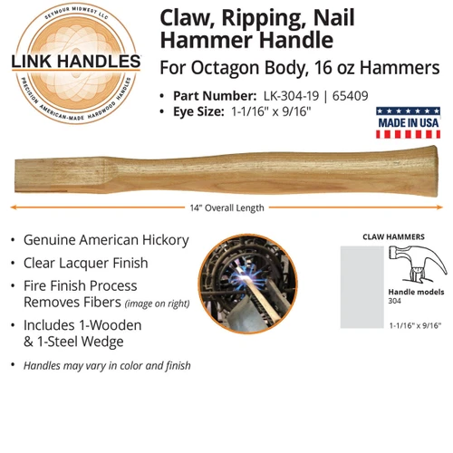  Link Handles 65409, 14" Claw, Ripping, Nail Hammer Handle, Octagon Body, for 16 Oz Hammers (min qty 12 each) 
