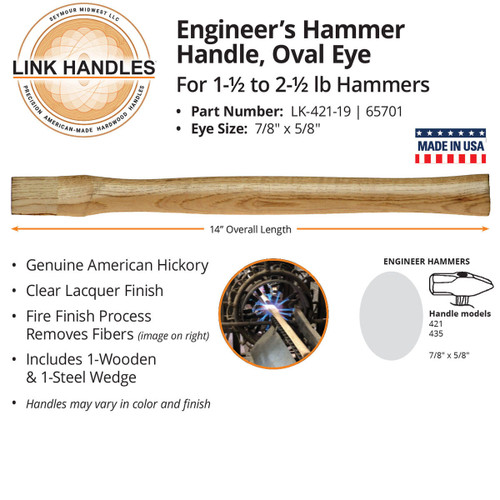  Link Handles 65701, 14" engineer's or blacksmith's hammer Handle, oval eye, for 1-1/2 to 2-1/2 lb. hammers (min qty 12 each) 