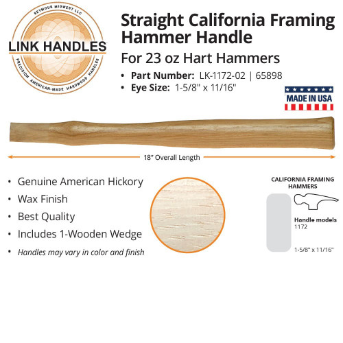  Link Handles 65898, 18" straight California framing hammer Handle, for 23 oz. Hart hammers (min qty 12 each) 