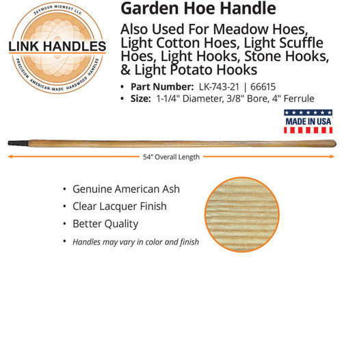  Link Handles 66615, 54" garden hoe Handle, 1/1/4" diameter, 3/8" bore, 4" ferrule (min qty 6 each) 