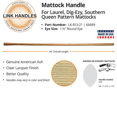  Link Handles 66689, 54" Mattock Handle for Laurel, Dig-Ezy, & Southern Queen Pattern Mattocks, 1-1/2" Round Eye (min qty 6 each) 