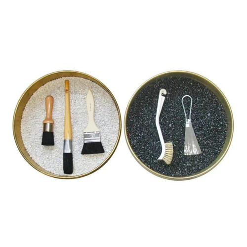 HMA Lab Supply Sieve Brushes for Testing Sieves, 5-Pack, with five different brushes displayed on two round trays, used for cleaning and maintaining testing sieves.