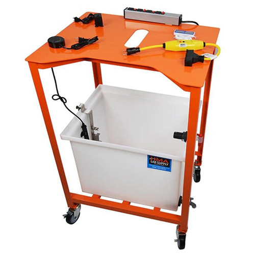 HMA Lab Supply Specific Gravity Bench with 30-Gallon Tank, Complete, on an orange mobile cart with a white storage bin for testing liquids.