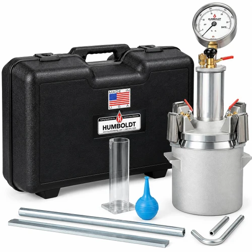 Humboldt Mfg. Humboldt Concrete Air Entrainment Meter Kit, portable testing equipment for measuring air content in concrete, includes a pressure gauge, metal cylinder, and carrying case.