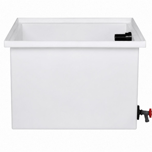 Gilson Company Specific Gravity Water Tank, 30 Gallon, white water tank with black and red fittings for laboratory use.