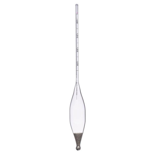 Gilson Company ASTM 151H Hydrometer with Certificate of Conformity, a clear glass hydrometer with numerical scale and a bulbous bottom with calibration weights inside.