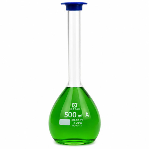 Gilson Company 500ml Volumetric Lab Flask, transparent cylindrical glass laboratory flask with green liquid, with blue cap and white measurement markings.
