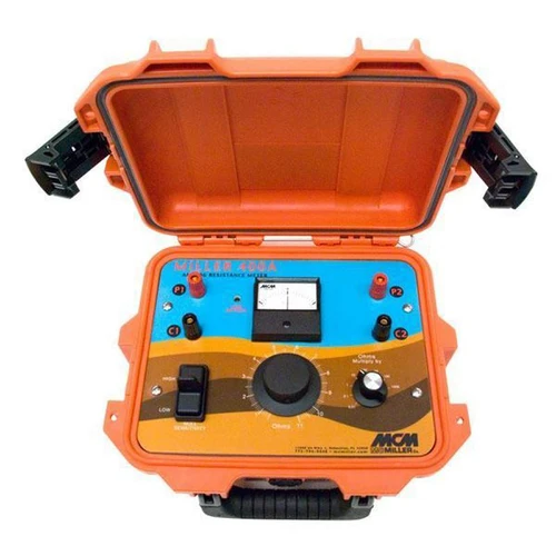 Gilson Company Analog Soil Resistance Meter, portable orange and blue soil testing device with measurement dials and control knobs in a protective case.