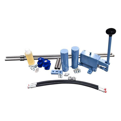 Gilson Company Hydraulic Clamping Conversion Kit for Gilson Testing Screen, complete industrial hydraulic conversion set with metal rods, hydraulic cylinders, blue fittings, and control handle.