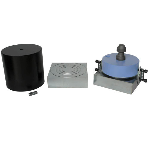 Gilson Company 6in Cube Test Set for AC-300/AC-400 Compression Machine, includes testing molds, metal base, and calibration accessories for concrete strength testing.