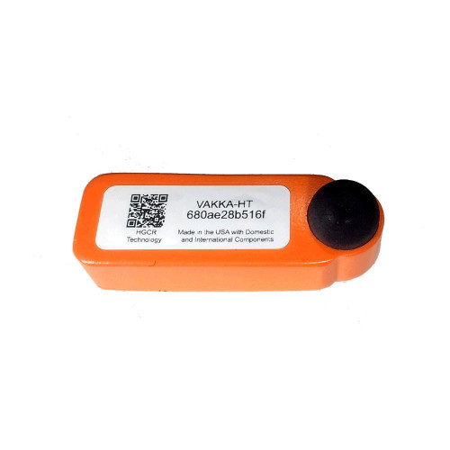 VAKKA Concrete Sensors Temperature/Relative Humidity Sensor with 1-meter Probe, orange device with a black sensor cap and a white label showing product details.