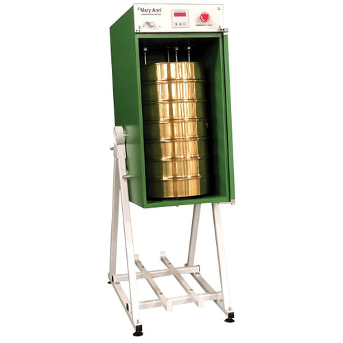 Gilson Company Mary Ann Sifter, laboratory sifter machine with gold-colored cylindrical sieves inside a green metal frame, standing on a white metal stand with adjustable height.
