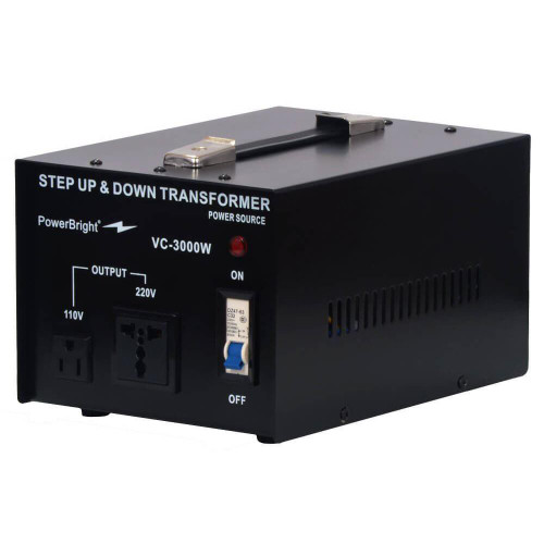 Gilson Company 3,000W Step-up/Step-down Transformer, black electrical device with power switch, output sockets for 110V and 220V, and a handle on top for portability.