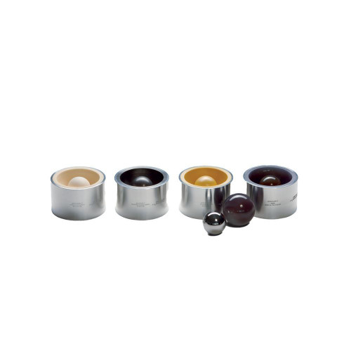 Fritsch Mortar for Fritsch Vibratory Micro Mill, Hardmetal Tungsten Carbide, set of four grinding mortars with different internal and exterior finishings and two metallic balls.