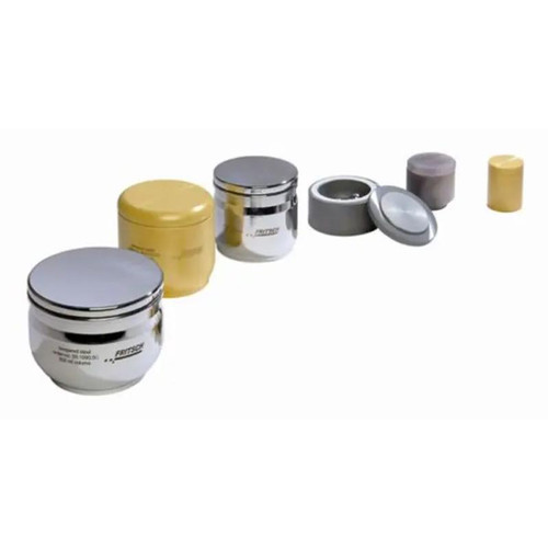 Fritsch 250mL Classic Grinding Bowl, Zirconium Oxide, with various grinding bowls and lids displayed for laboratory use.