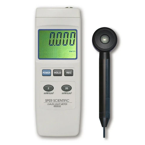 Sper Scientific Sper 850032 UV Light Meter UVA/UVB, handheld UV light meter with digital display and sensor probe for measuring UVA and UVB light intensity accurately.