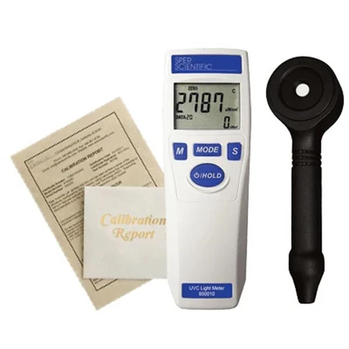 Sper Scientific Sper 850032C UV Light Meter UVA/UVB, NIST Certificate, handheld UV light measurement device with a digital display, probe attachment, and calibration report.