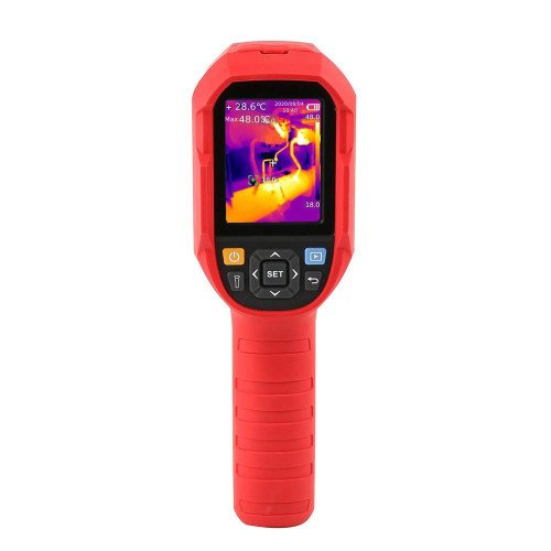 Uni-Trend Thermal Imaging Camera with Extended Temperature Range, handheld infrared device showing thermal image display in vibrant purple, yellow, and red colors.