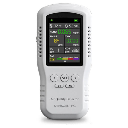 Sper Scientific Multi Parameter Air Quality Monitor with PM2.5, Handheld, displaying environmental data such as temperature, humidity, PM2.5 levels, and CO2 concentration on its screen.