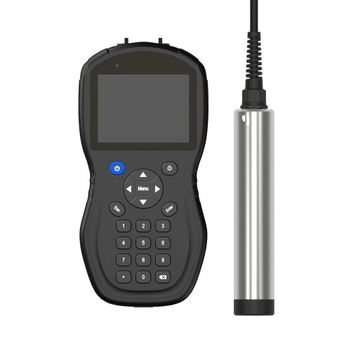 Sper Scientific Portable Optical Dissolved Oxygen Meter, handheld digital device with display screen and keypad, along with a submerged sensor probe for measuring dissolved oxygen levels in water samples.