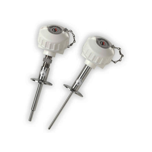 Pyromation RTD Assembly with Tri-Clamp Fitting, 2-inch 16 AMP Tri-Clamp Cap, stainless steel, thermocouple sensor with white protective cap and screw connector.