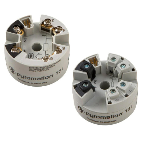 Pyromation Transmitter, 3 Wire RTD, 4-20mA, 0-400°F temperature sensor with white circular housing and multiple terminal connections.