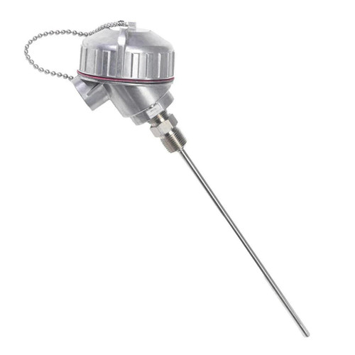 Pyromation Spring Loaded RTD Assembly with Screw Cover Head, 4-inch Long, industrial temperature sensor with metal housing and probe for accurate temperature measurement.