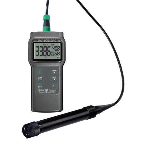 Sper Scientific Optical Dissolved Oxygen (DO) Meter, handheld electronic device with digital display showing measurements for dissolved oxygen levels, temperature, and other parameters.