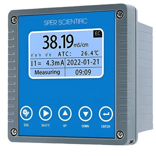 Sper Scientific Inline Acid Alkali Concentration Meter, digital display showing pH and temperature measurements.