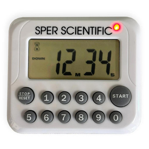 Sper Scientific Digital Count Up/Down Timer with Audible and Visual Alarm, showing digital display and illuminated indicator light.