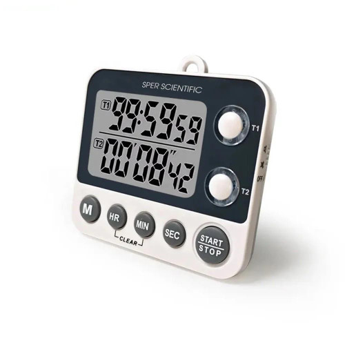 Sper Scientific 2 Channel Digital Lab Timer with Color Coded LED Lights, NIST, featuring large digital display, dual timers, and control buttons for hours, minutes, seconds, and start/stop functions.