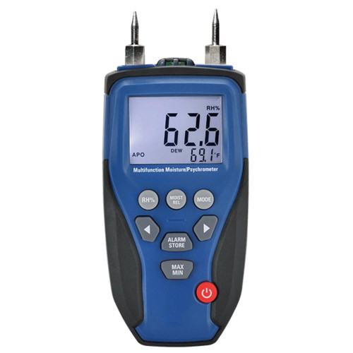Sper Scientific Multifunction Moisture Meter with Psychrometer, digital handheld device displaying humidity and temperature readings.