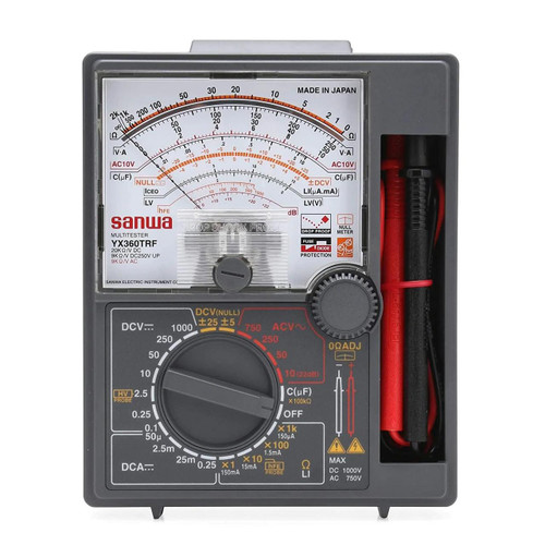Sanwa Analog Multimeter with Built-In Case, portable electrical testing device with analog display, multimeter dial, and red testing leads for voltage, current, and resistance measurement.