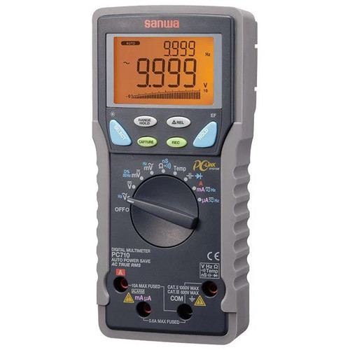 Sanwa Digital Multimeter with True RMS and Dual Display, showing a large orange backlit screen with multiple measurement readings including voltage and frequency.