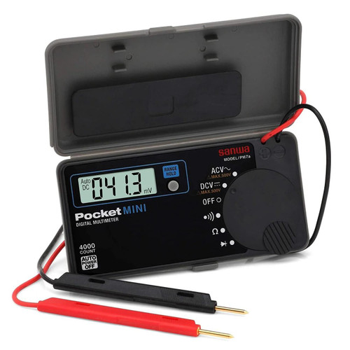 Sanwa Pocket Size Digital Multimeter with Built-In Case, compact digital multimeter with display and probes in a protective case.