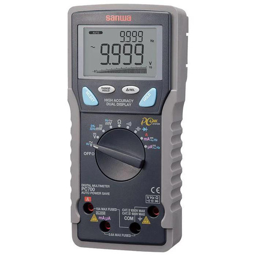 Sanwa Digital Multimeter Dual Display with PC Link, 0.06 Percent Accuracy, showing a large digital screen displaying readings, buttons for settings, and a rotary dial for measurement selection.