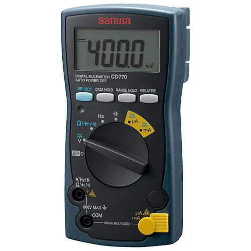 Sanwa Digital Multimeter with Continuity Buzzer, handheld digital multimeter device for electrical measurements with digital display and multiple testing functions.