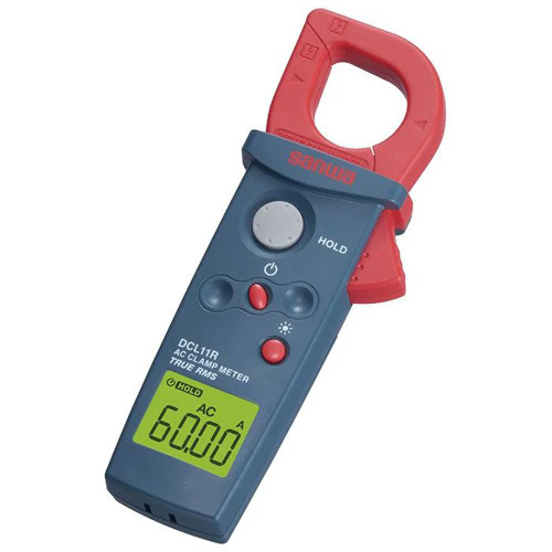 Sanwa True RMS Mini Clamp Meter with Backlight, digital clamp meter with backlit display showing 60.00A, compact design, red and blue color
