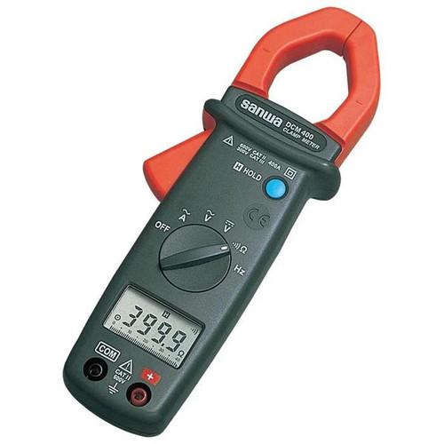 Sanwa Basic Digital Clamp Meter with Multimeter Functionality, showing display and control dial for electrical measurements.