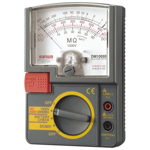 Sanwa 1000V Analog Portable Insulation Tester / Resistance Meter, front view showing analog meter, rotary dial, red measurement lock button, and connection ports for testing cables.