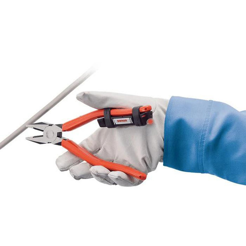 Sanwa Voltage Detector / Supporter, a person wearing protective gloves using a voltage detector to test electrical wires.