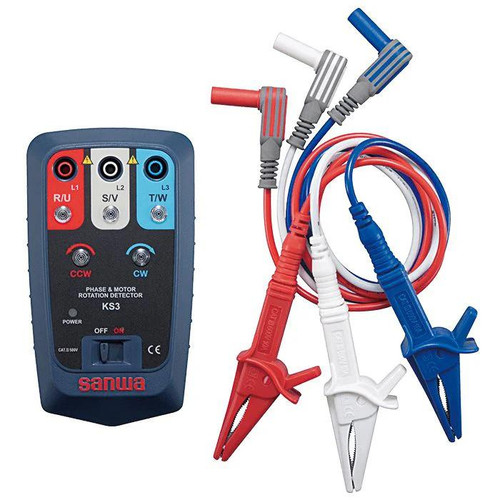 Sanwa 3 Phase / Rotation Motor Detector, electric motor phase and rotation tester with color-coded clips and display