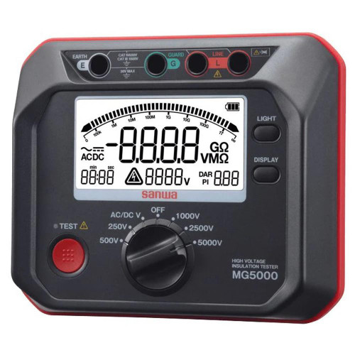 Sanwa High Voltage Digital Insulation Tester, digital insulation testing device with a large LCD display, rotary dial, and multiple test function buttons.