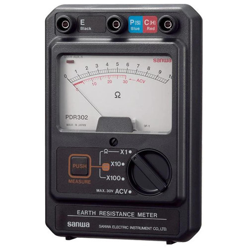 Sanwa Portable Earth Tester with Phase Detection, showing a digital display, phase detection buttons, and resistance measurement dial.
