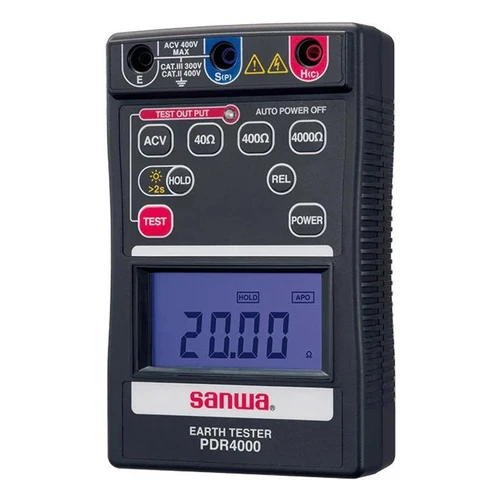 Sanwa Portable Digital Earth Tester, front view showing digital display and control buttons.