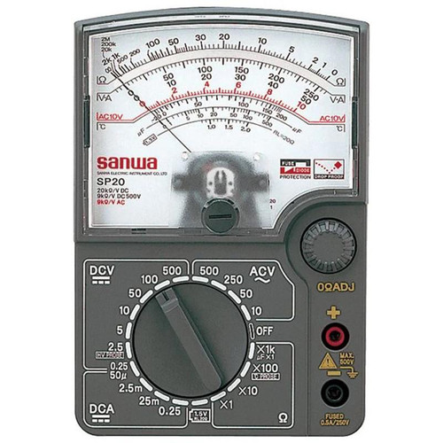 Sanwa Analog Multimeter with High Voltage DC and Battery Check, featuring a large analog display, rotary dial, and measurement functions for DCV, ACV, and high voltage testing.