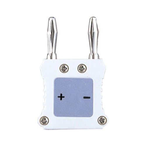 Sanwa Adapter for Type K Thermocouple, electrical adapter with metal prongs and labeled positive and negative terminals.