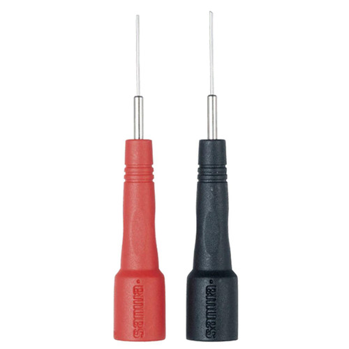 Sanwa Pin Type Adapters for Sanwa Multimeters and Insulation Testers, two adapters with red and black handles and metal pin tips for electrical testing.